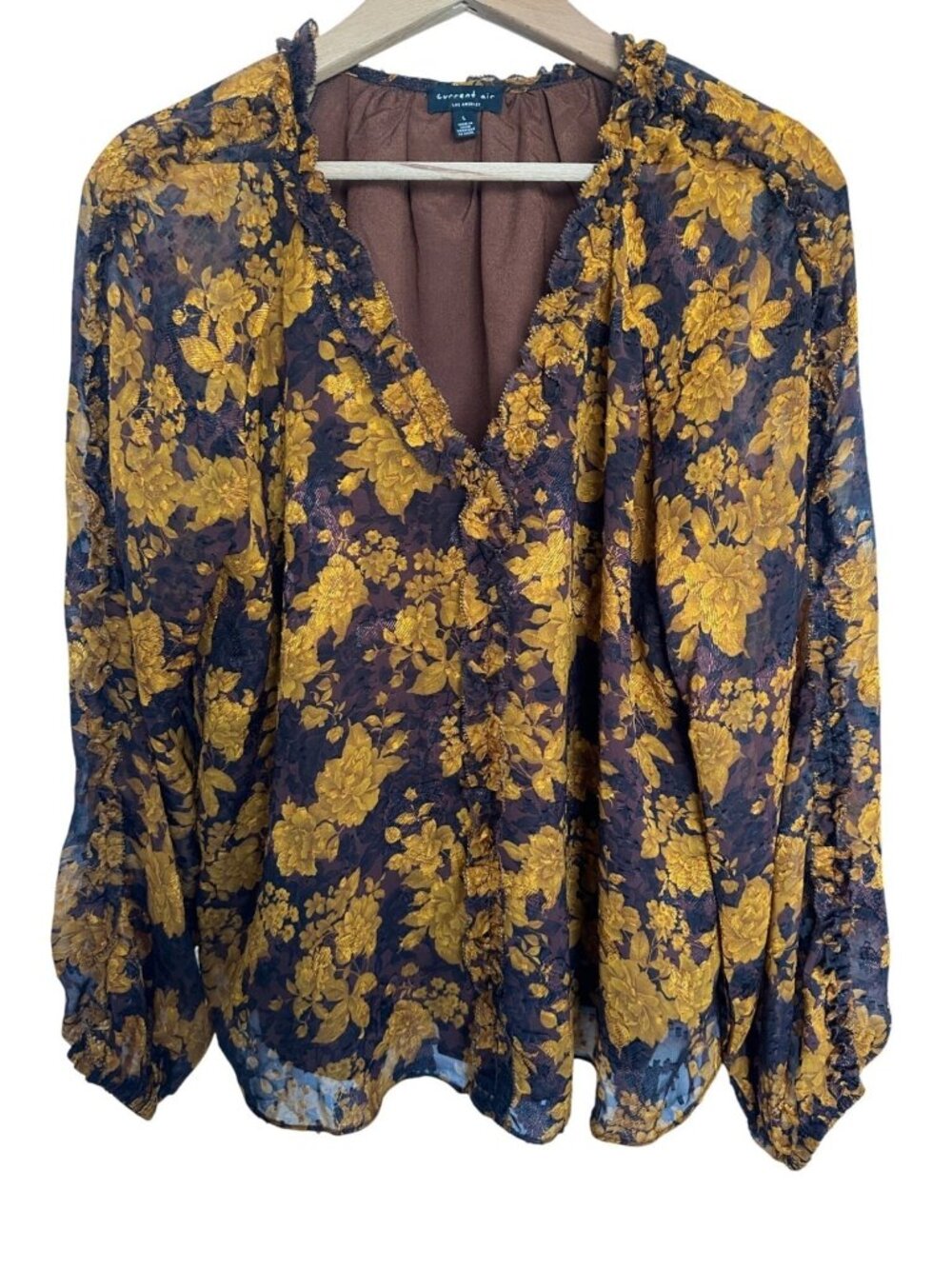 Current Air Womens LG Pleated Lace Blouse Brown Gold Dark Floral Boho